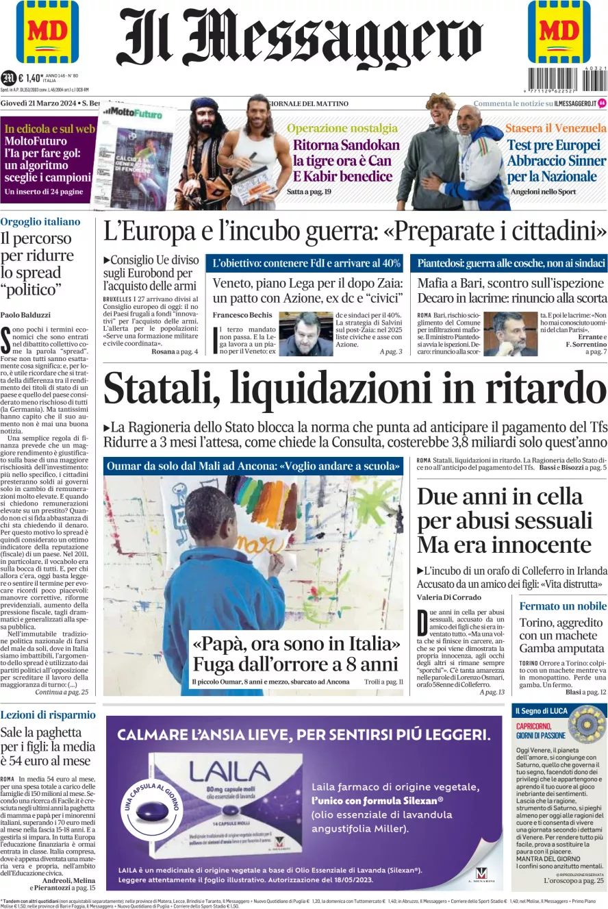 Prima-pagina-il-messaggero-edizione-di-oggi-21-03-2024