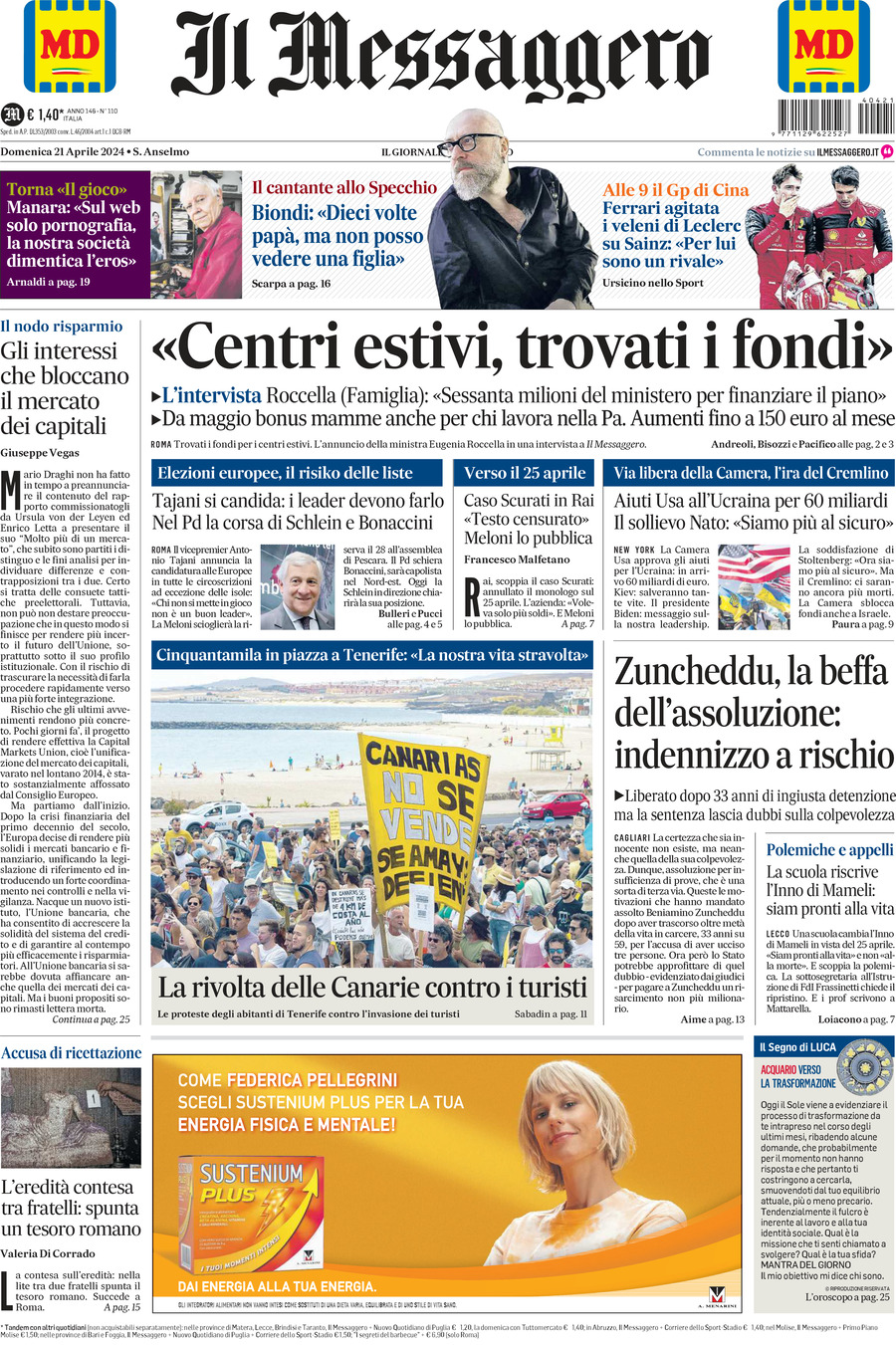 Prima-pagina-il-messaggero-edizione-di-oggi-21-04-2024