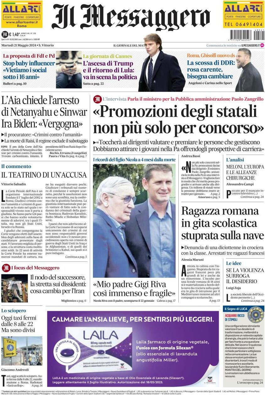 Prima-pagina-il-messaggero-edizione-di-oggi-21-05-2024