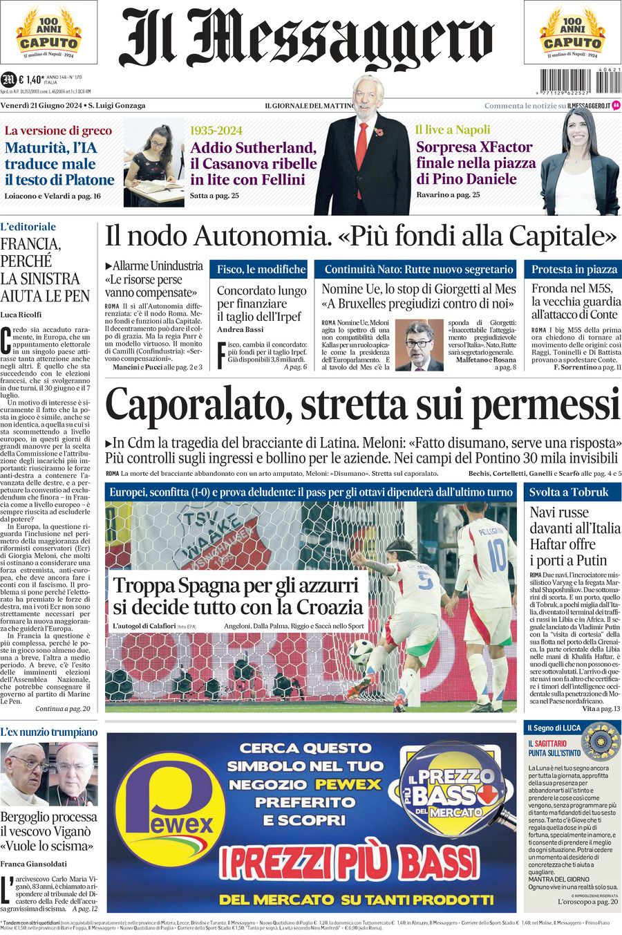 Prima-pagina-il-messaggero-edizione-di-oggi-21-06-2024