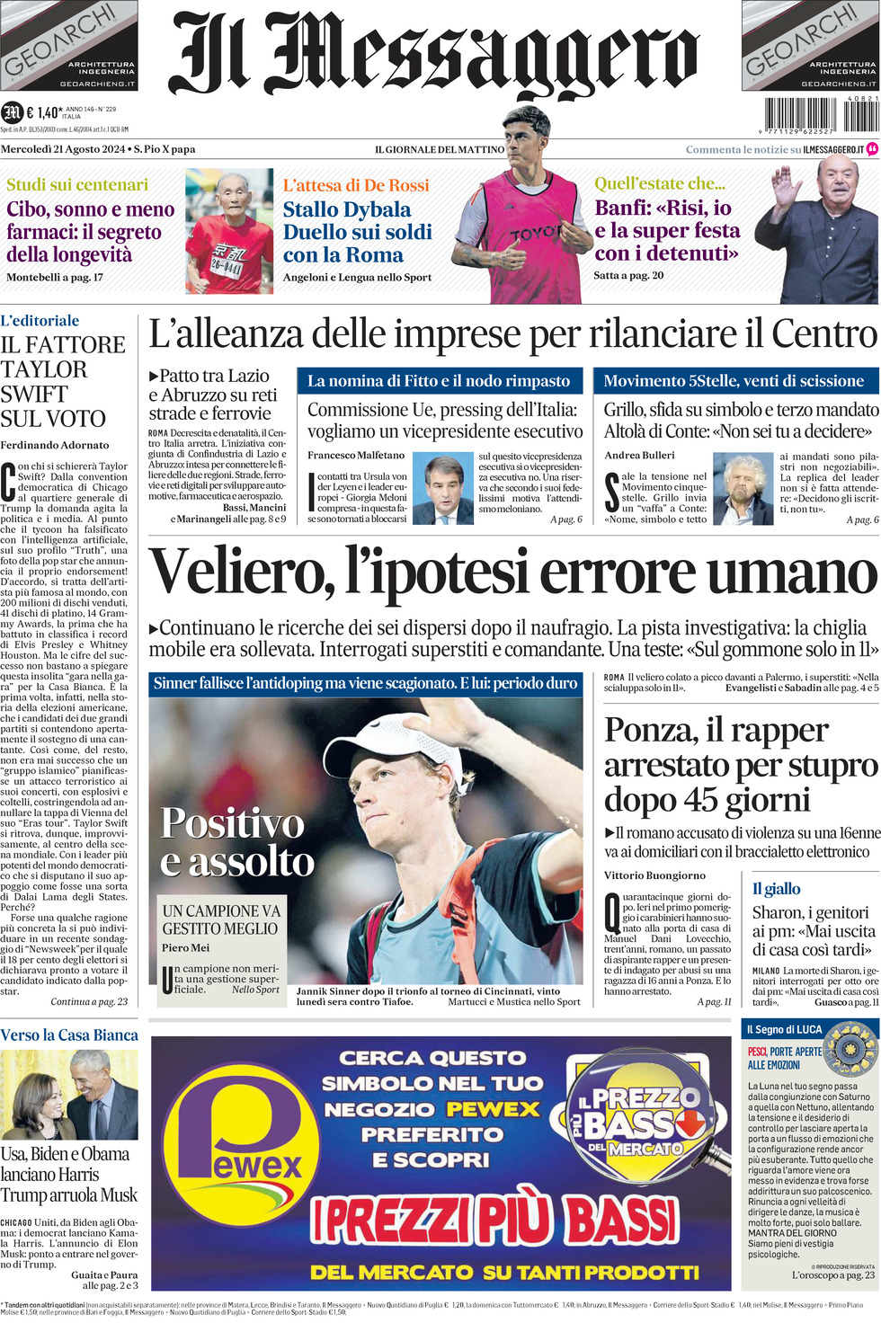 Prima-pagina-il-messaggero-edizione-di-oggi-21-08-2024