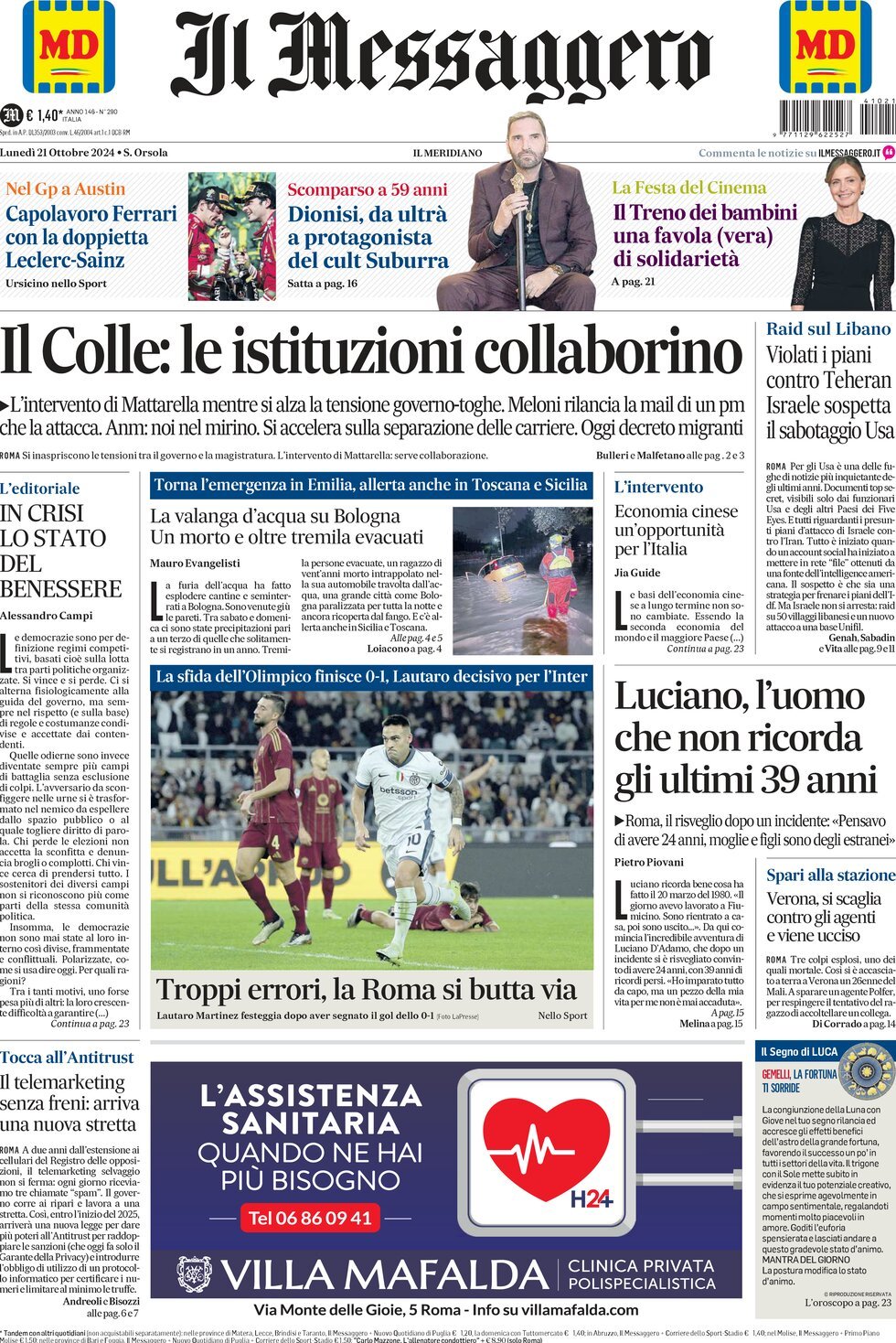 Prima-pagina-il-messaggero-edizione-di-oggi-21-10-2024