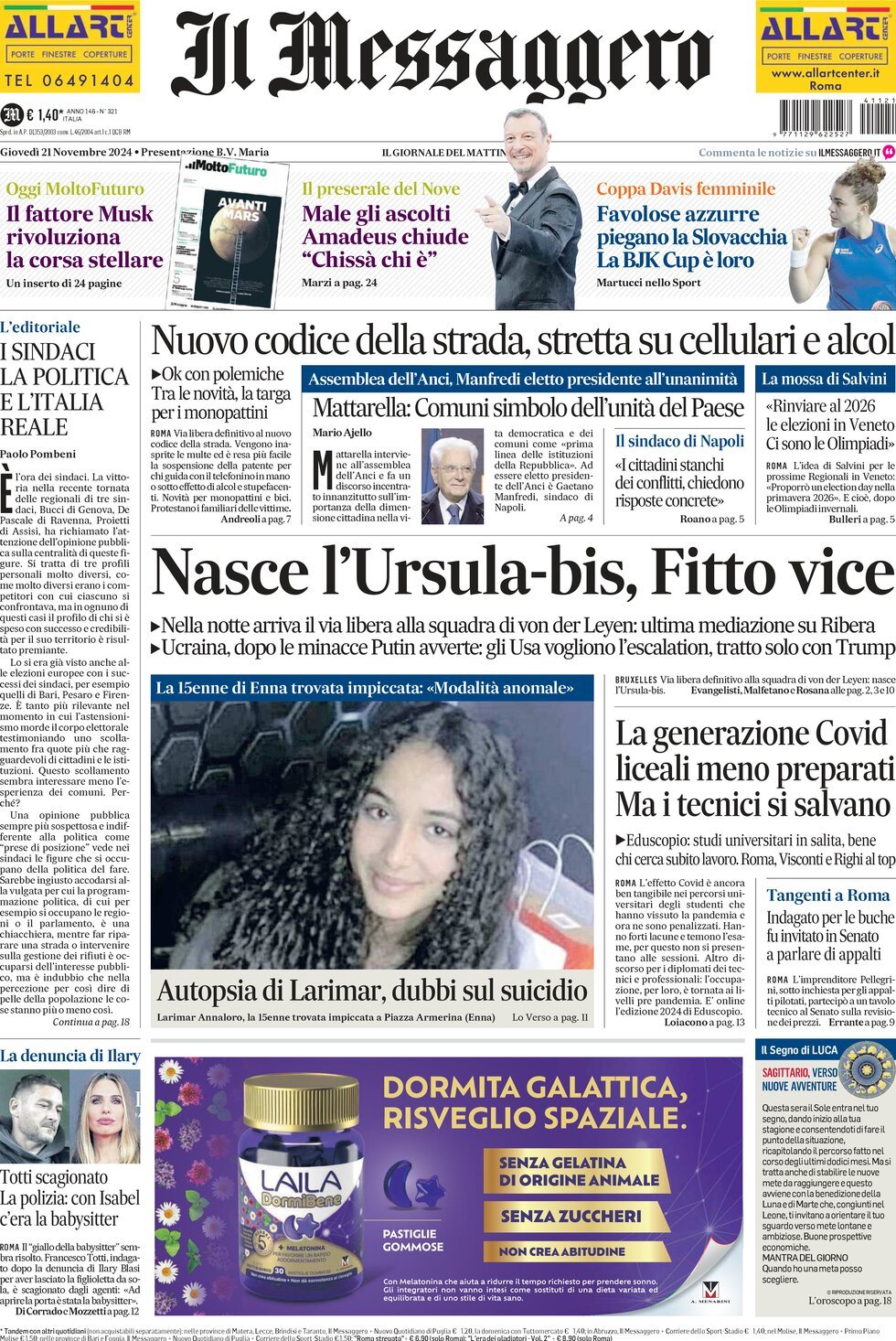 Prima-pagina-il-messaggero-edizione-di-oggi-21-11-2024