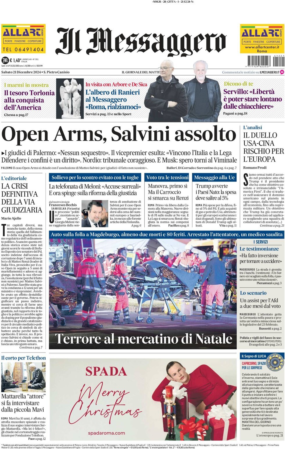 Prima-pagina-il-messaggero-edizione-di-oggi-21-12-2024