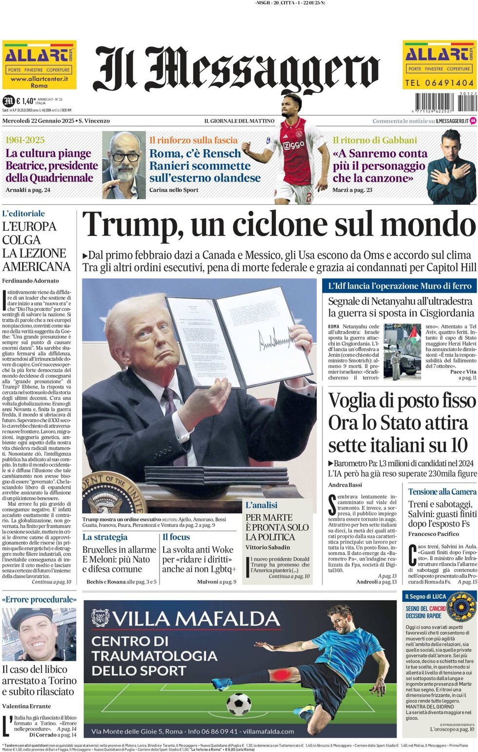 Prima-pagina-il-messaggero-edizione-di-oggi-22-01-2025