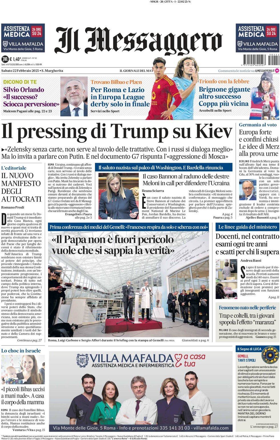 Prima-pagina-il-messaggero-edizione-di-oggi-22-02-2025