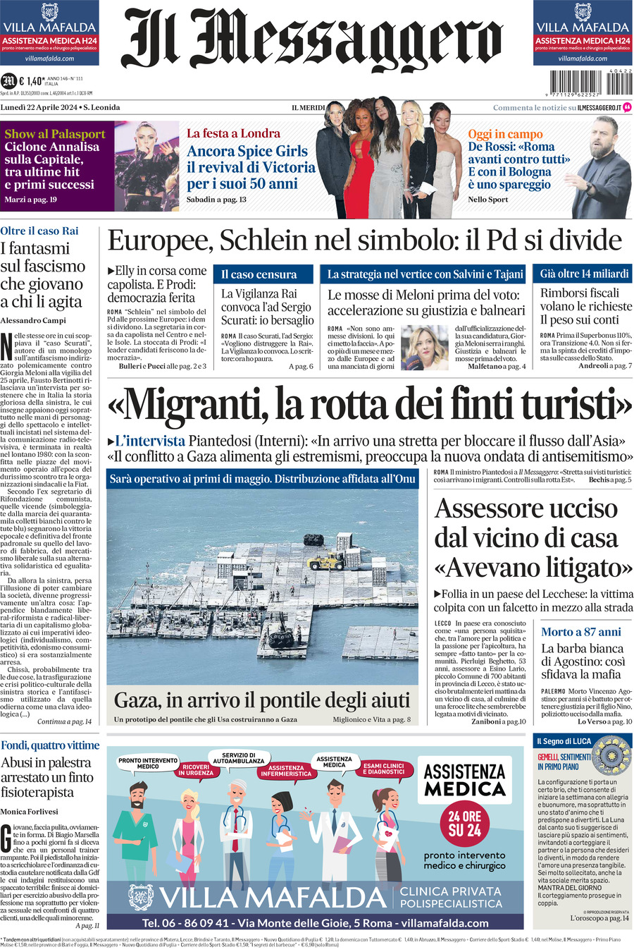 Prima-pagina-il-messaggero-edizione-di-oggi-22-04-2024