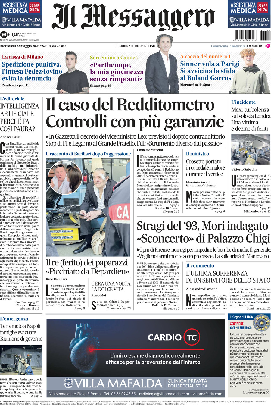 Prima-pagina-il-messaggero-edizione-di-oggi-22-05-2024