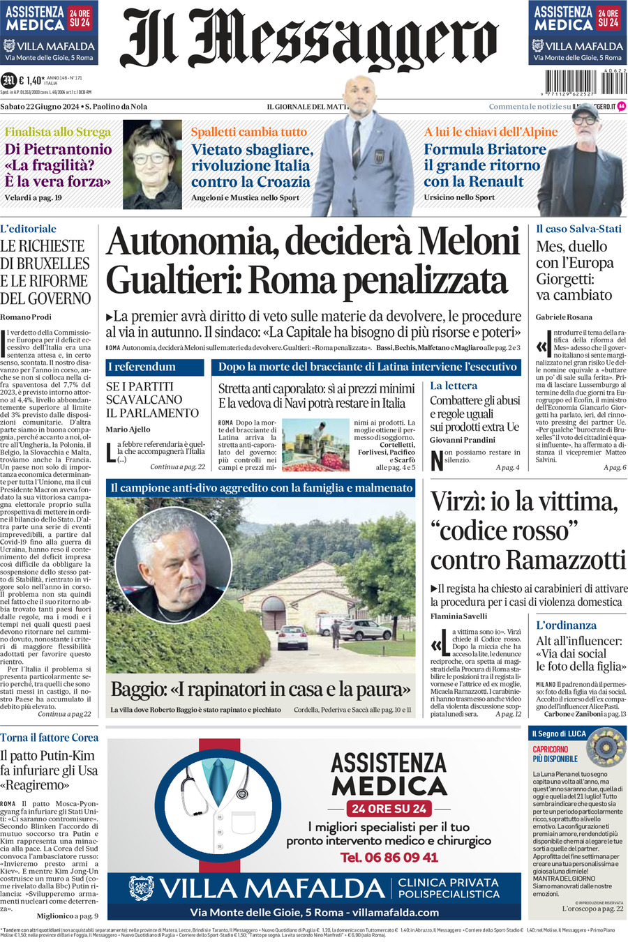 Prima-pagina-il-messaggero-edizione-di-oggi-22-06-2024