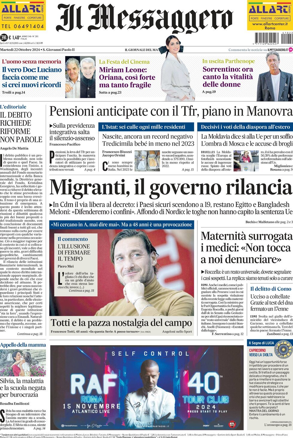 Prima-pagina-il-messaggero-edizione-di-oggi-22-10-2024