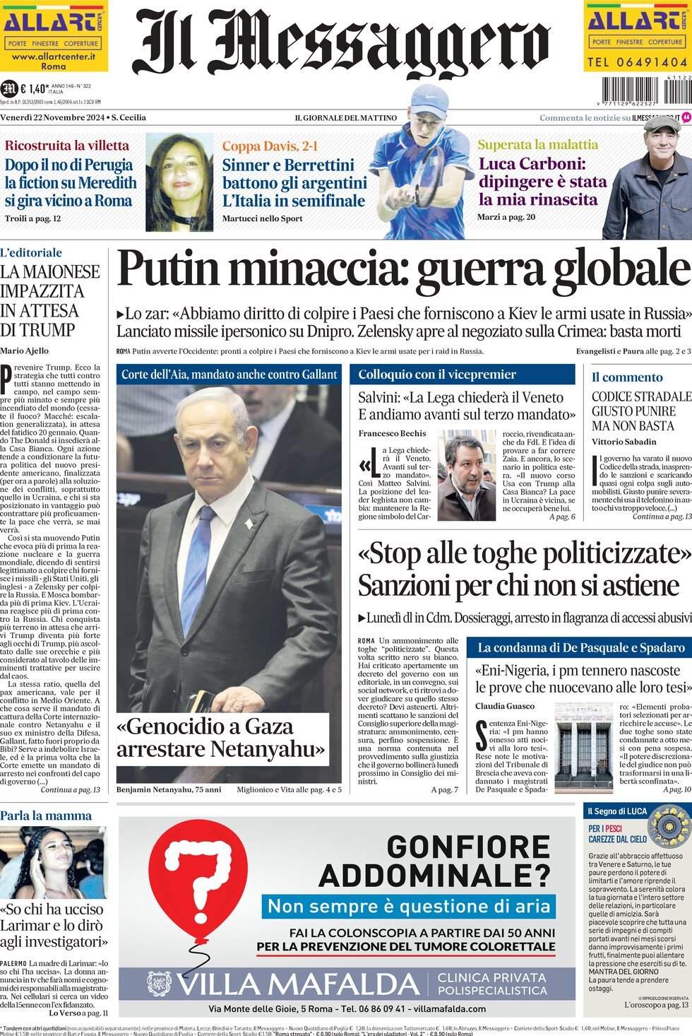 Prima-pagina-il-messaggero-edizione-di-oggi-22-11-2024