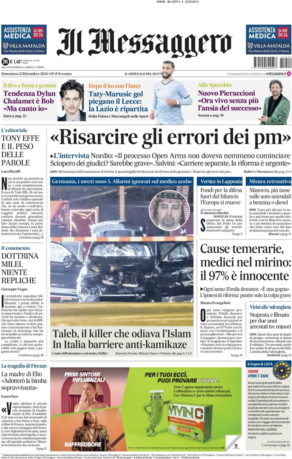 Prima-pagina-il-messaggero-edizione-di-oggi-22-12-2024