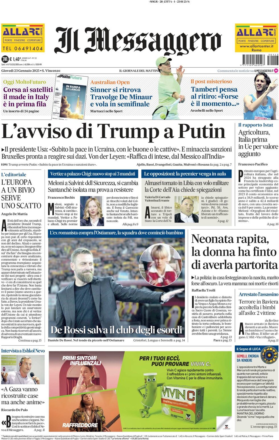 Prima-pagina-il-messaggero-edizione-di-oggi-23-01-2025