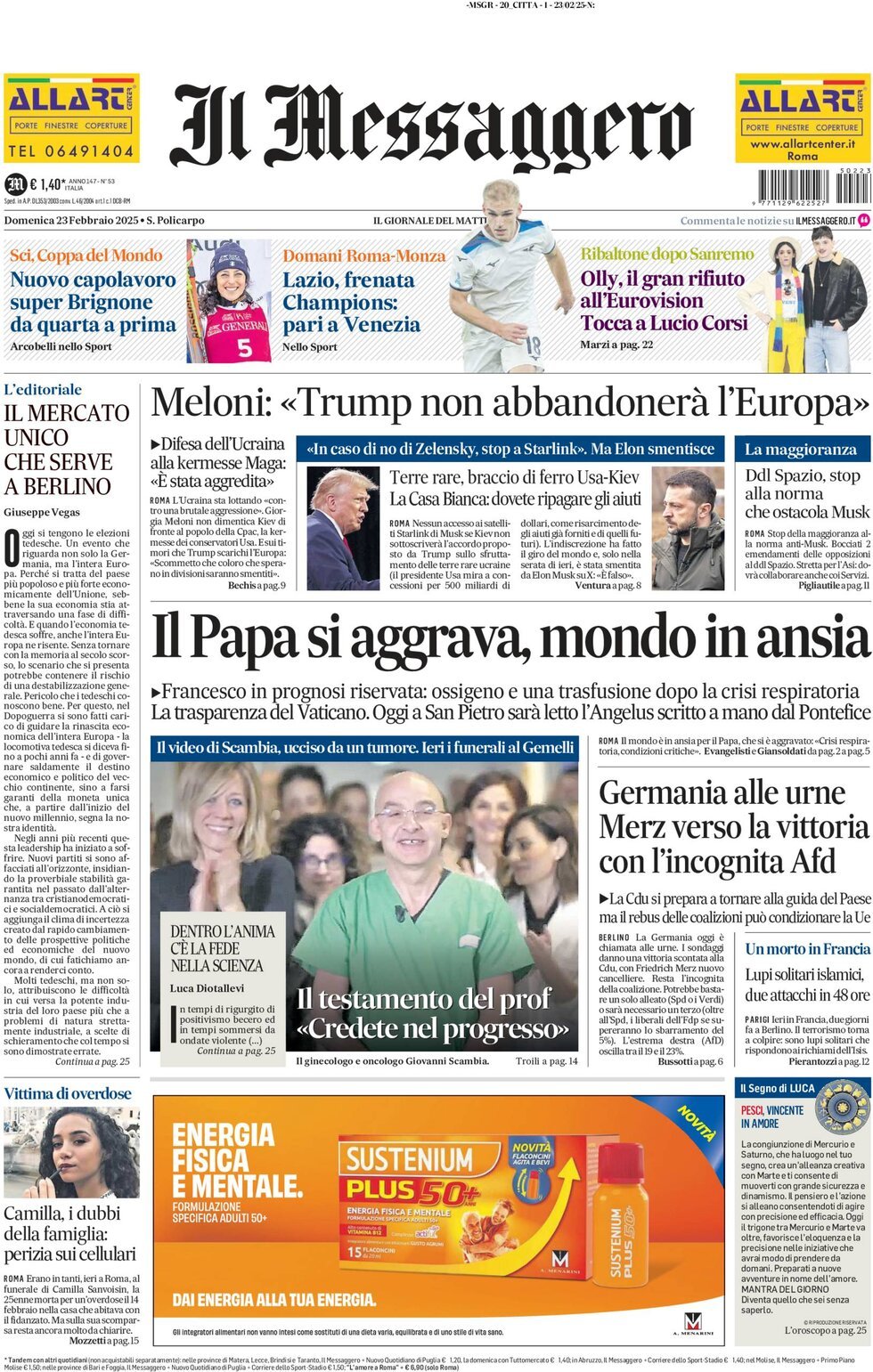 Prima-pagina-il-messaggero-edizione-di-oggi-23-02-2025