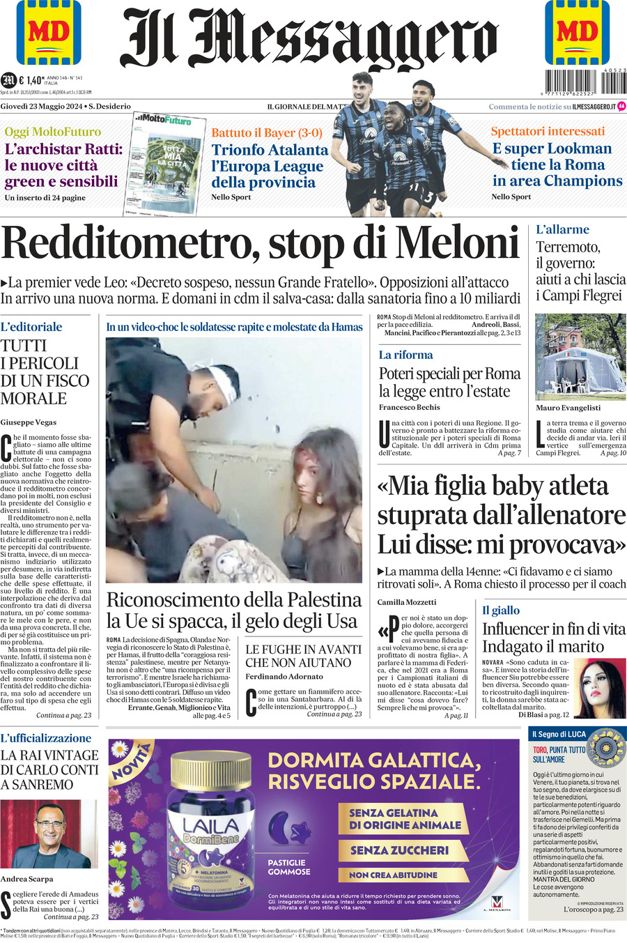 Prima-pagina-il-messaggero-edizione-di-oggi-23-05-2024