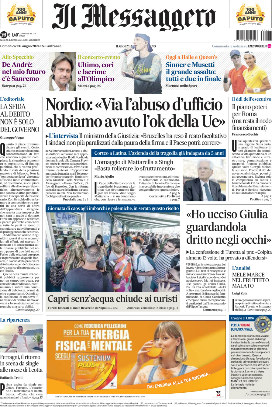 Prima-pagina-il-messaggero-edizione-di-oggi-23-06-2024