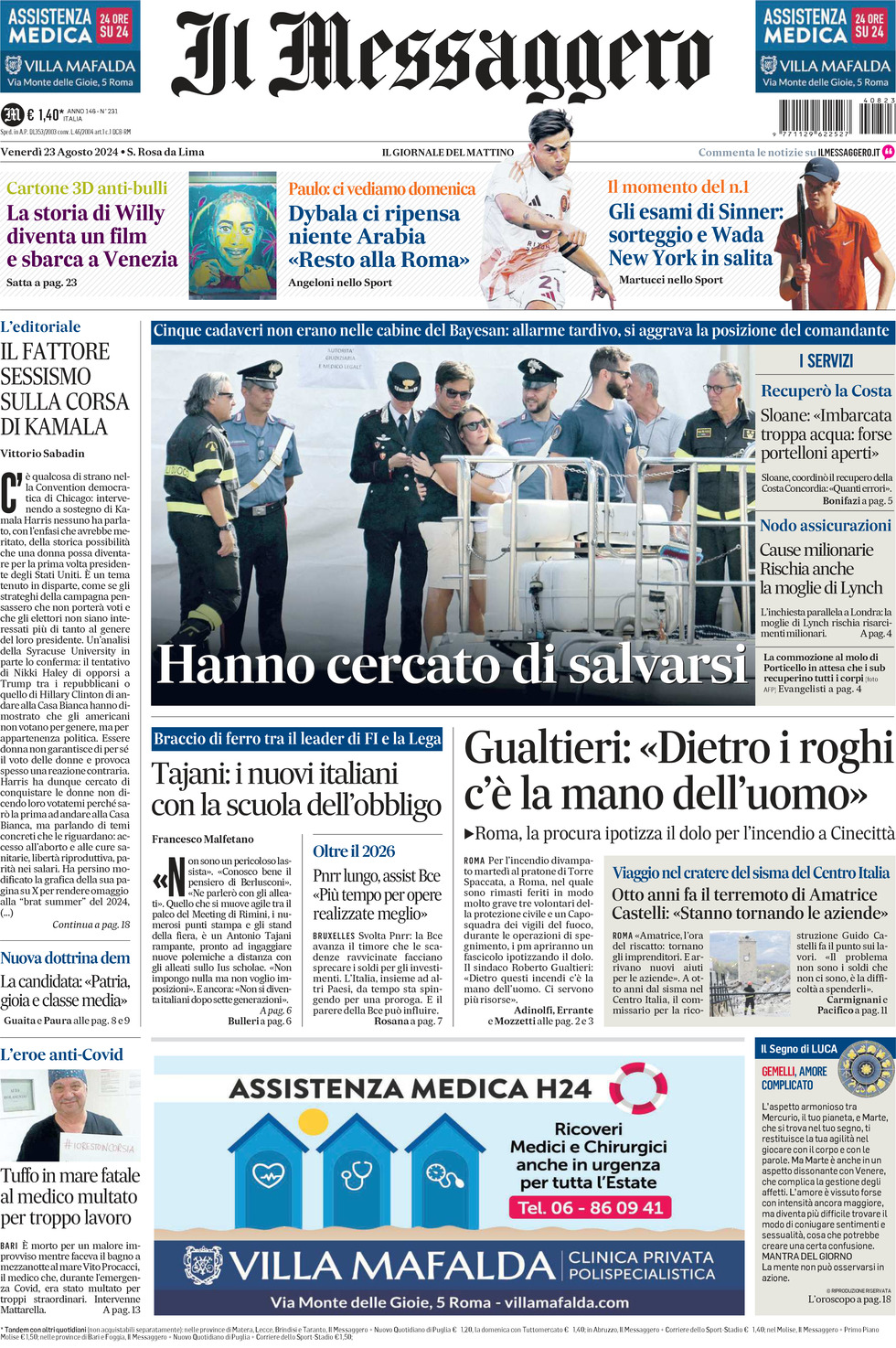 Prima-pagina-il-messaggero-edizione-di-oggi-23-08-2024