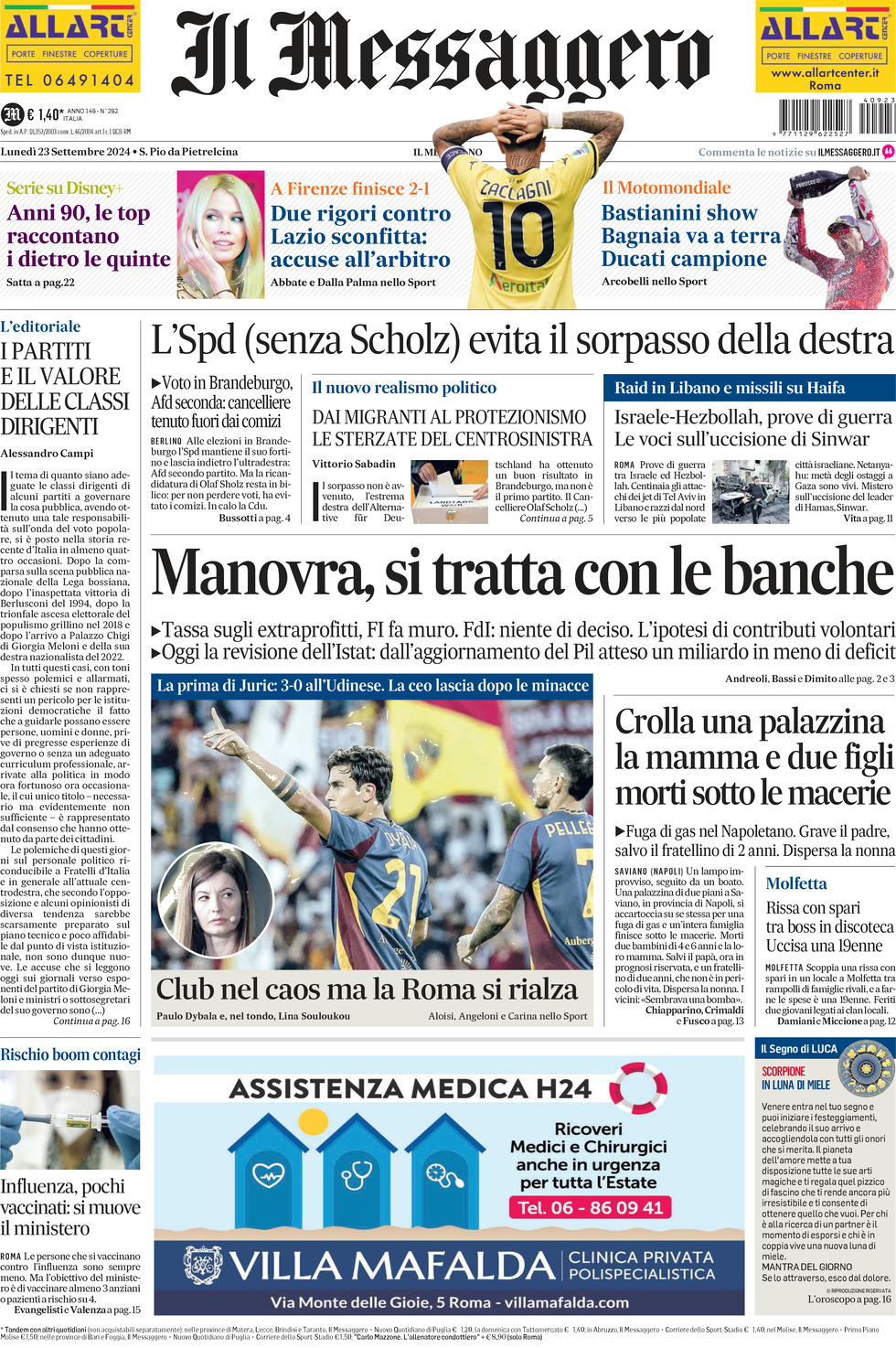 Prima-pagina-il-messaggero-edizione-di-oggi-23-09-2024