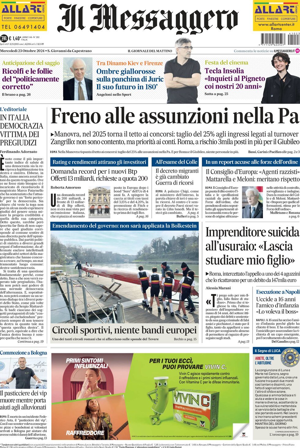 Prima-pagina-il-messaggero-edizione-di-oggi-23-10-2024