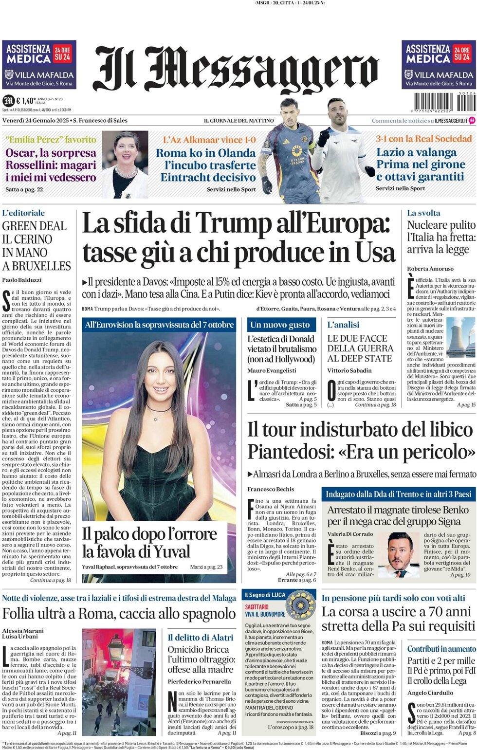 Prima-pagina-il-messaggero-edizione-di-oggi-24-01-2025