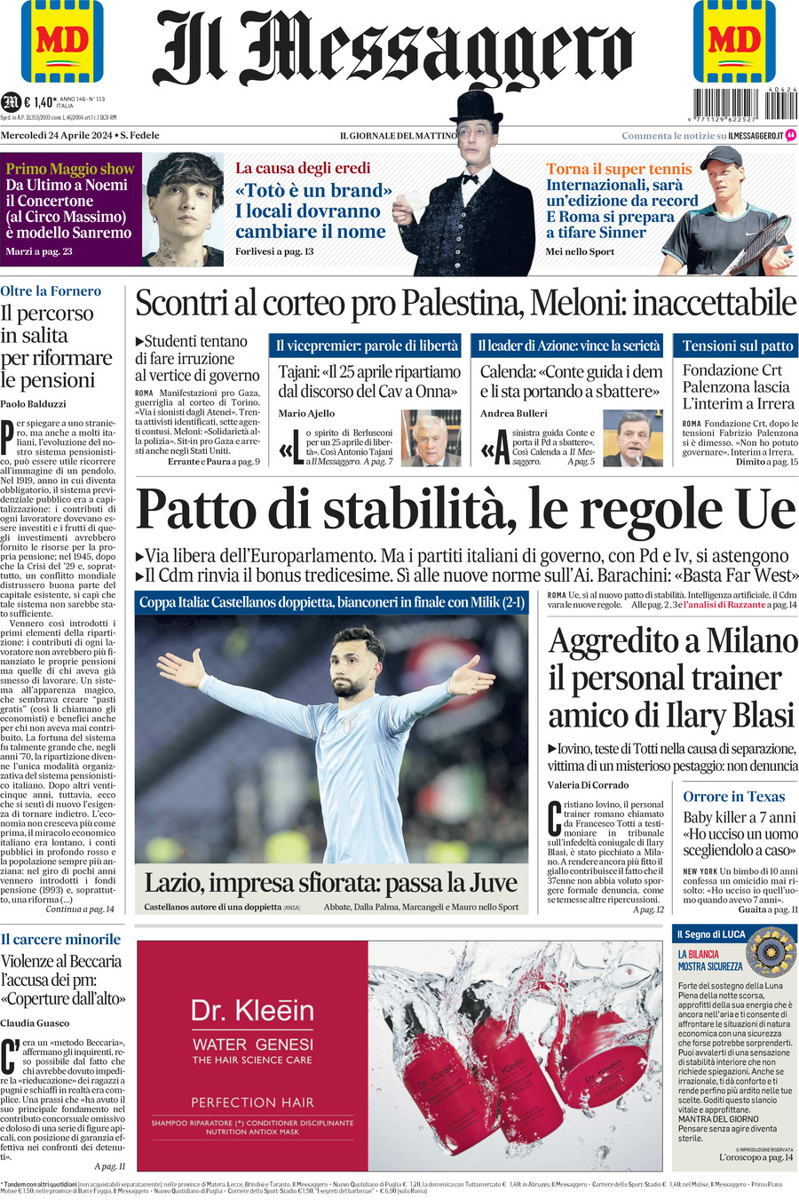 Prima-pagina-il-messaggero-edizione-di-oggi-24-04-2024