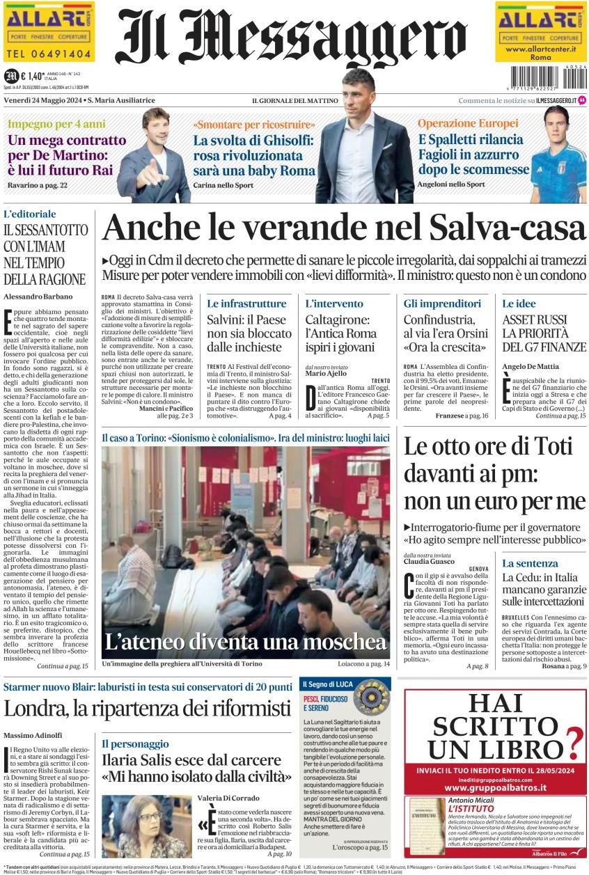 Prima-pagina-il-messaggero-edizione-di-oggi-24-05-2024