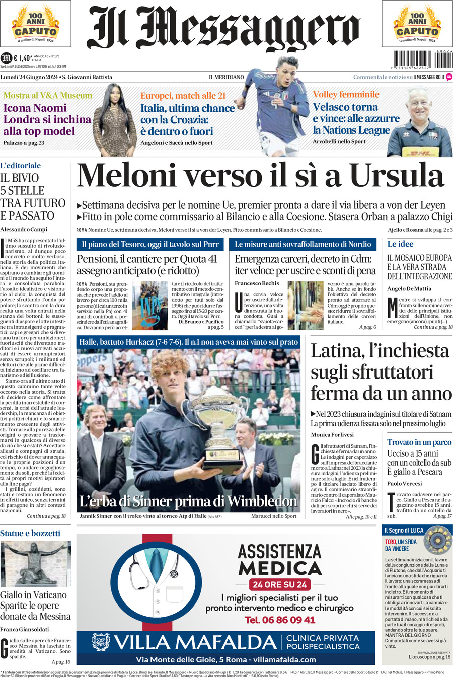 Prima-pagina-il-messaggero-edizione-di-oggi-24-06-2024