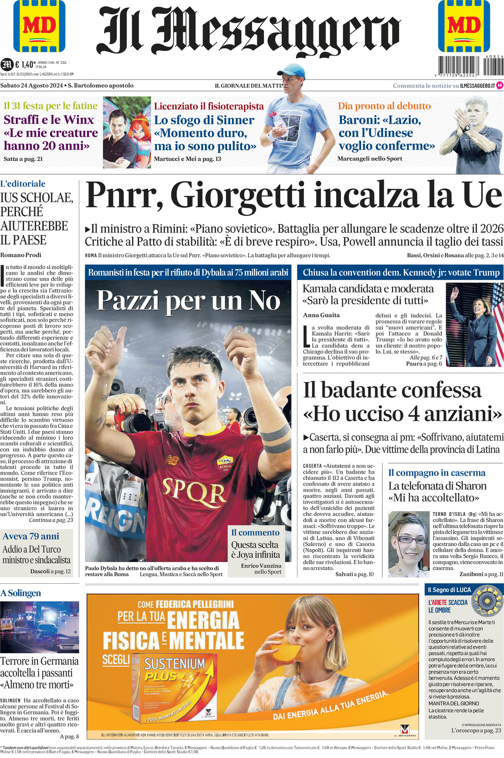 Prima-pagina-il-messaggero-edizione-di-oggi-24-08-2024