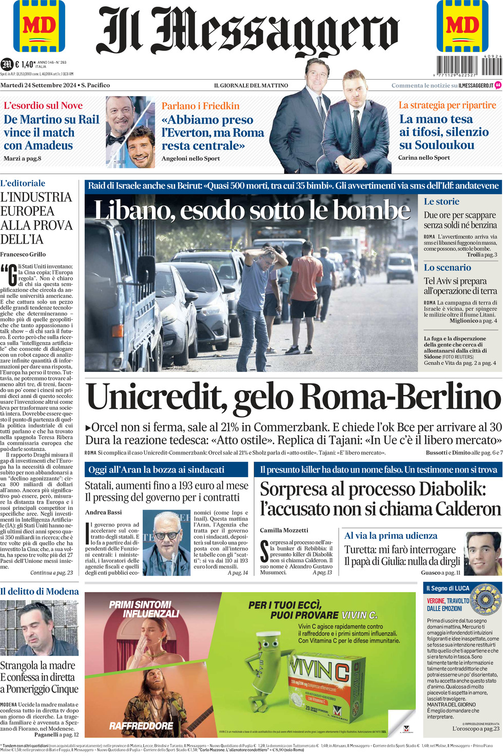 Prima-pagina-il-messaggero-edizione-di-oggi-24-09-2024