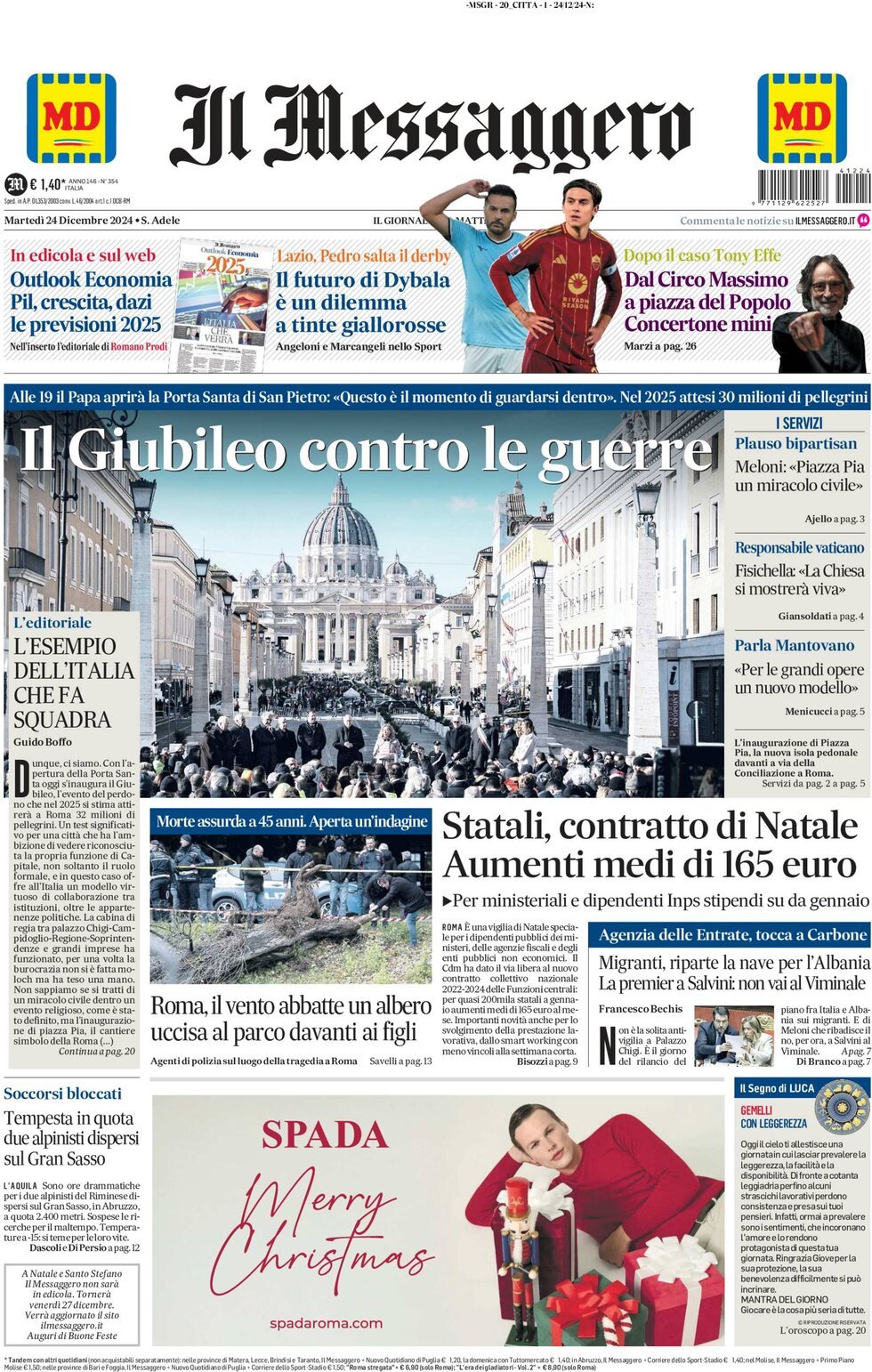 Prima-pagina-il-messaggero-edizione-di-oggi-24-12-2024