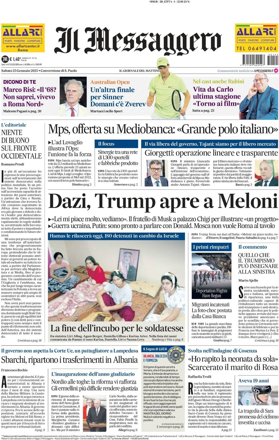 Prima-pagina-il-messaggero-edizione-di-oggi-25-01-2025