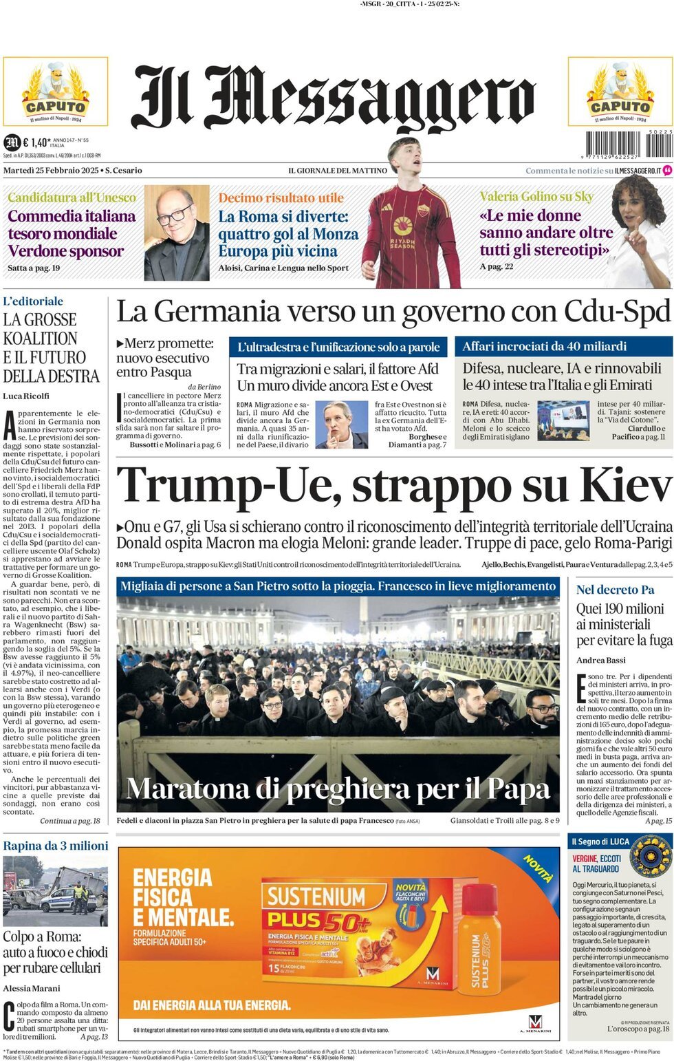 Prima-pagina-il-messaggero-edizione-di-oggi-25-02-2025