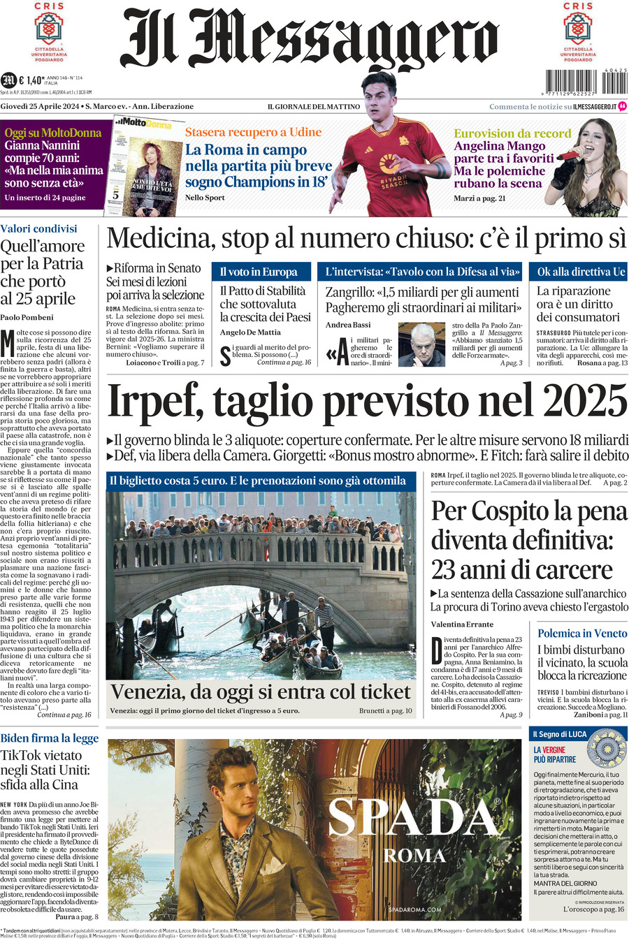 Prima-pagina-il-messaggero-edizione-di-oggi-25-04-2024