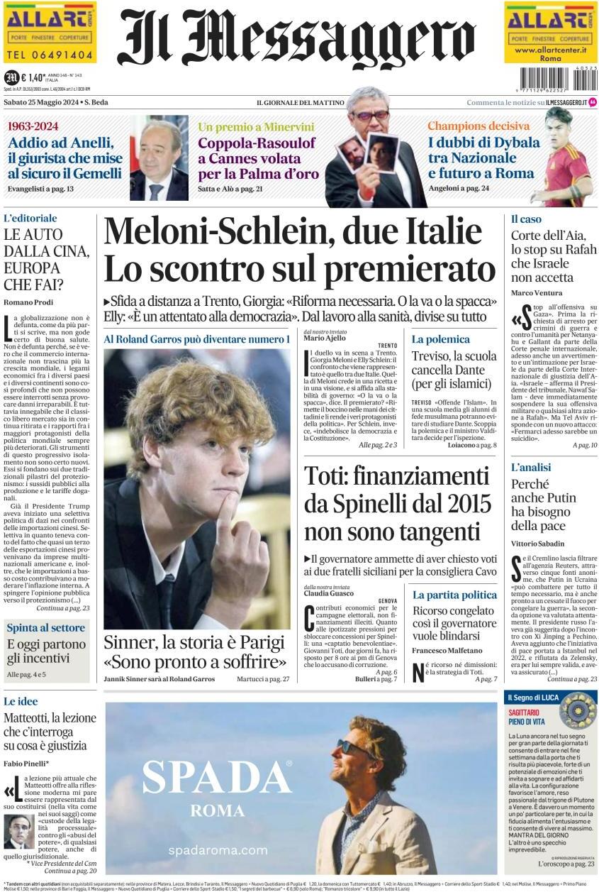 Prima-pagina-il-messaggero-edizione-di-oggi-25-05-2024