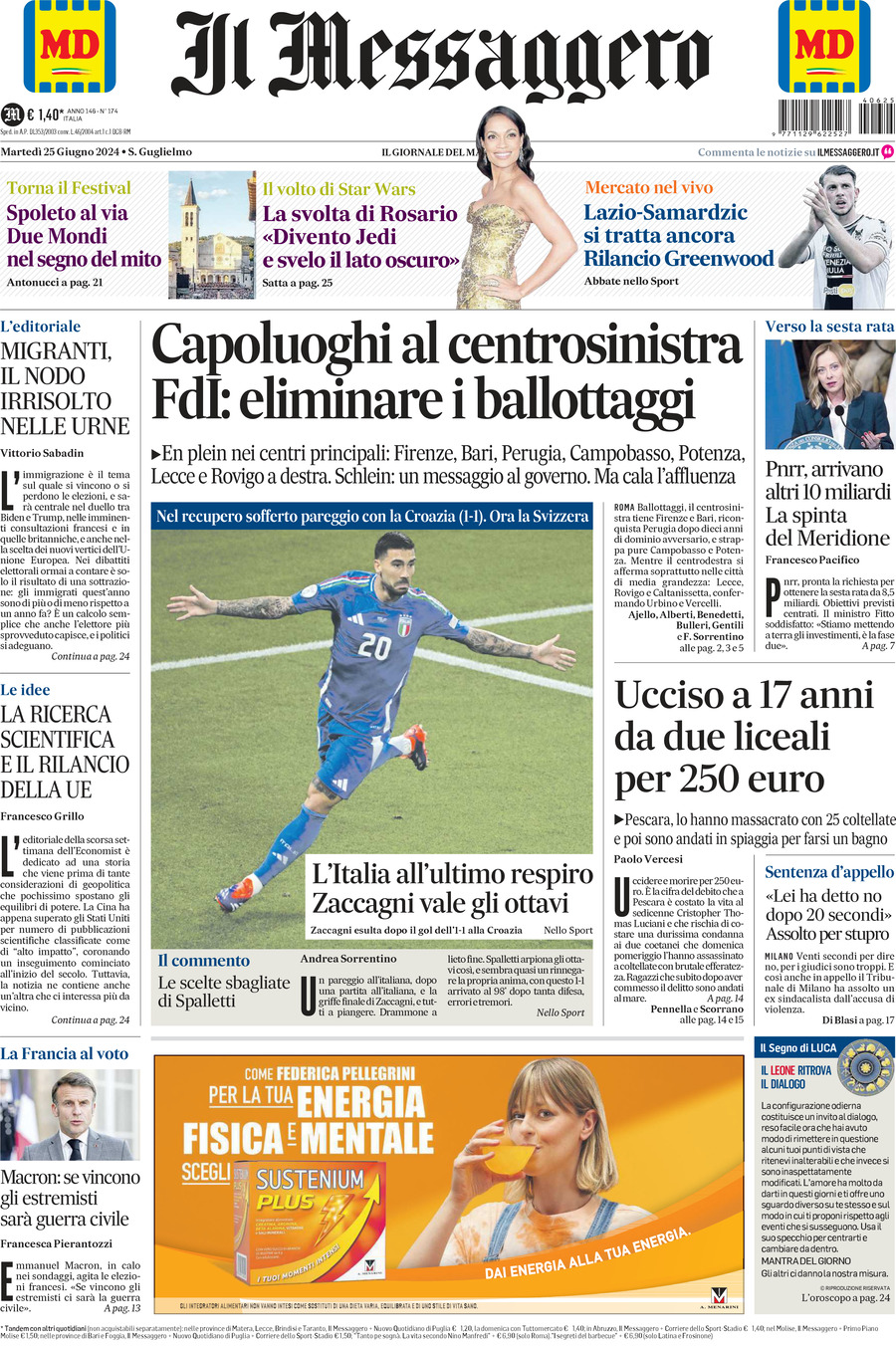 Prima-pagina-il-messaggero-edizione-di-oggi-25-06-2024