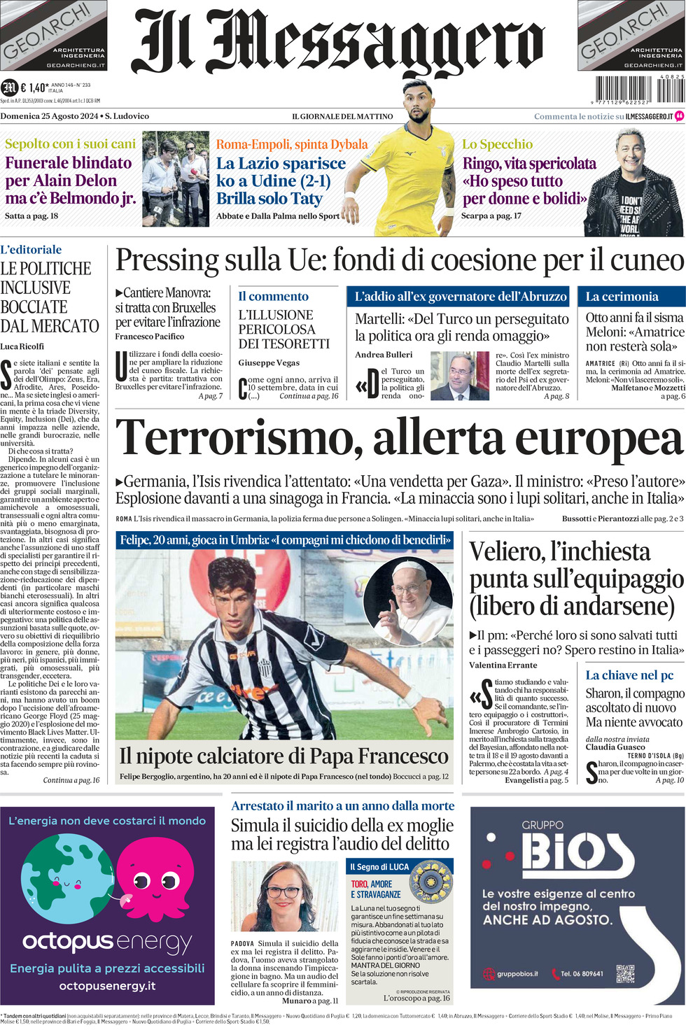 Prima-pagina-il-messaggero-edizione-di-oggi-25-08-2024