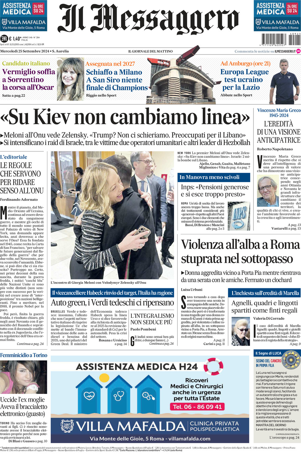 Prima-pagina-il-messaggero-edizione-di-oggi-25-09-2024