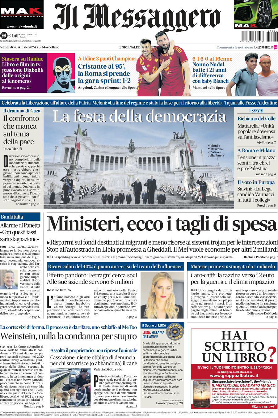 Prima-pagina-il-messaggero-edizione-di-oggi-26-04-2024