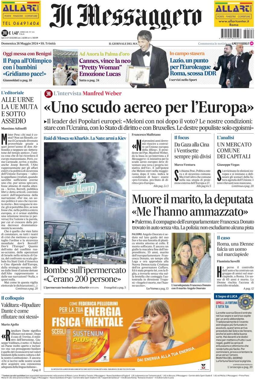 Prima-pagina-il-messaggero-edizione-di-oggi-26-05-2024