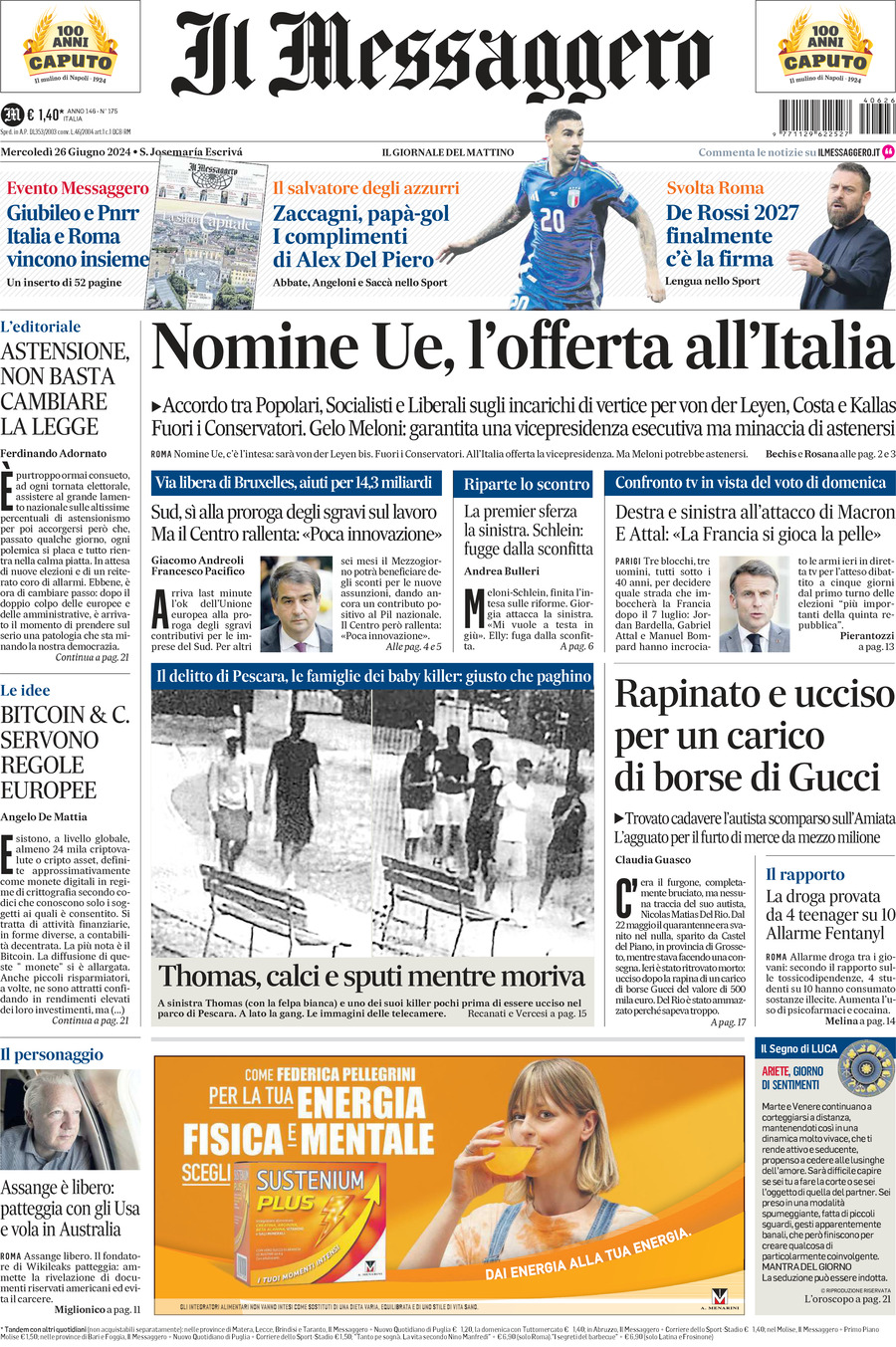 Prima-pagina-il-messaggero-edizione-di-oggi-26-06-2024