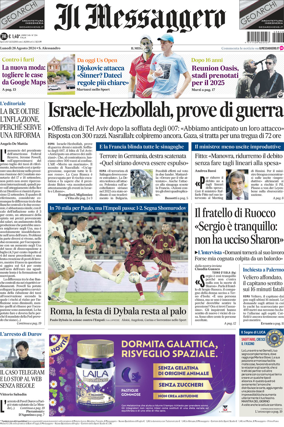 Prima-pagina-il-messaggero-edizione-di-oggi-26-08-2024