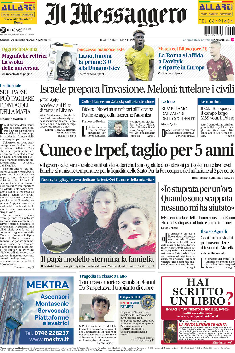 Prima-pagina-il-messaggero-edizione-di-oggi-26-09-2024