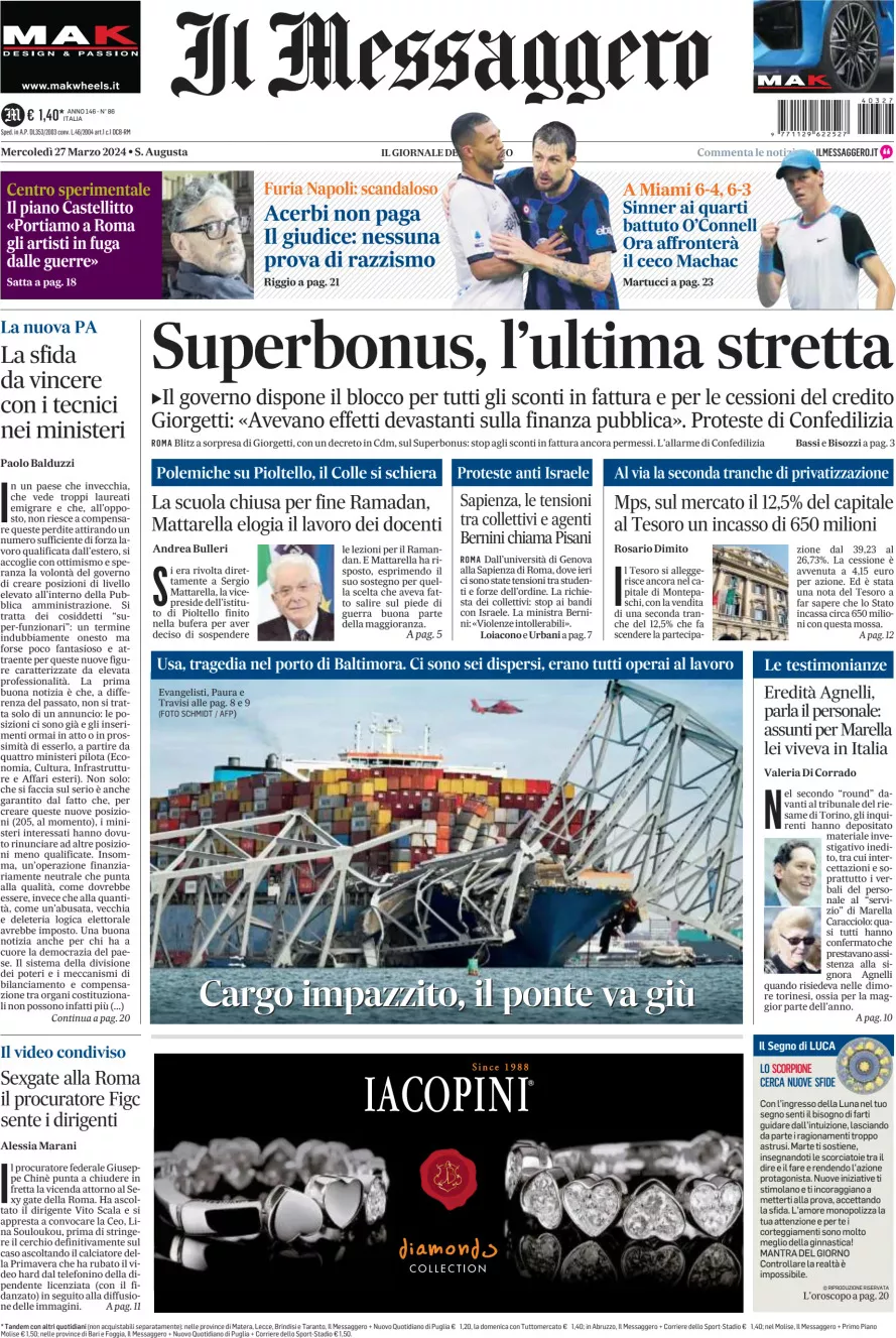 Prima-pagina-il-messaggero-edizione-di-oggi-27-03-2024