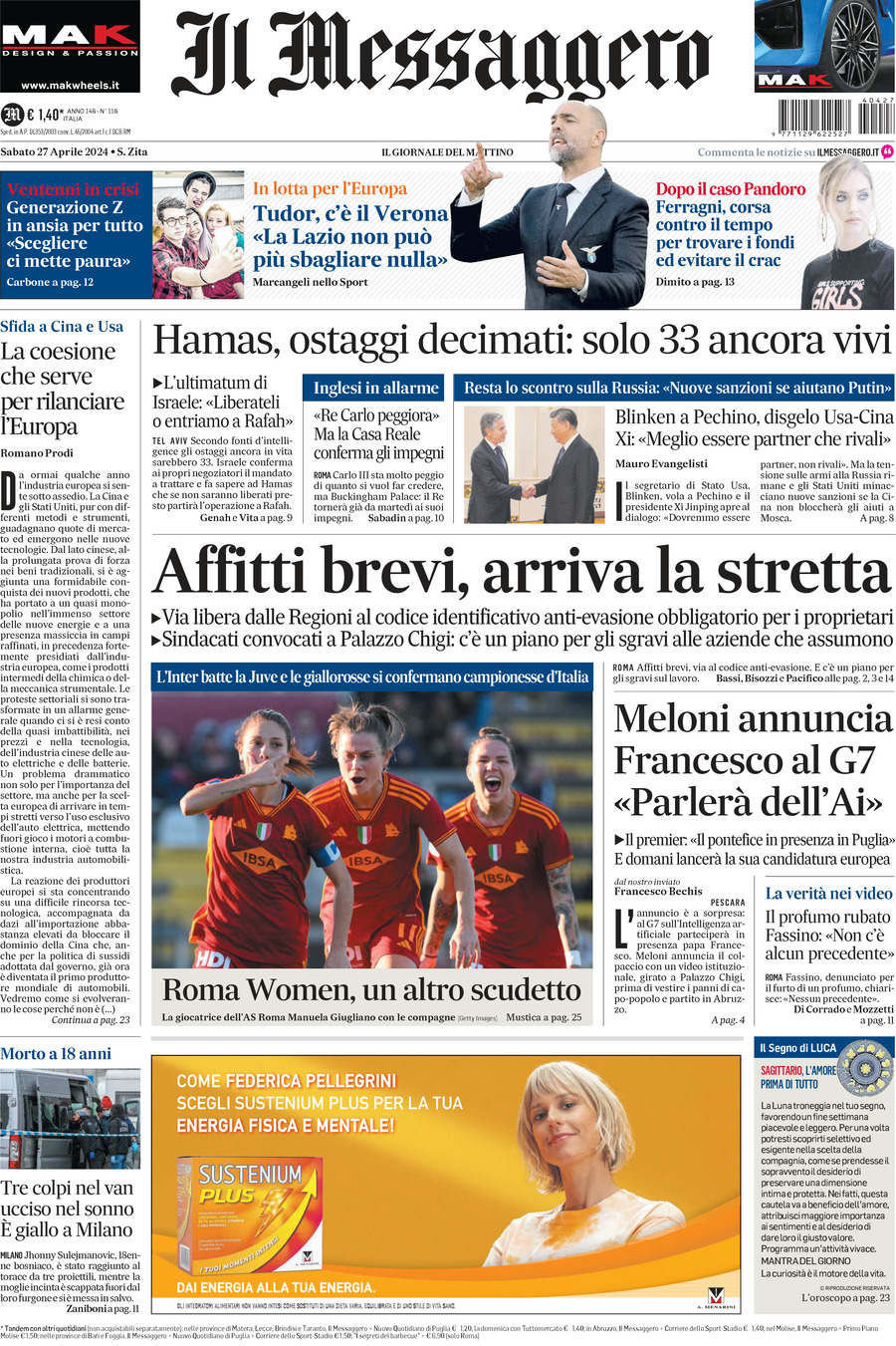 Prima-pagina-il-messaggero-edizione-di-oggi-27-04-2024