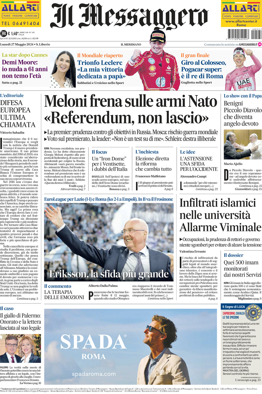 Prima-pagina-il-messaggero-edizione-di-oggi-27-05-2024