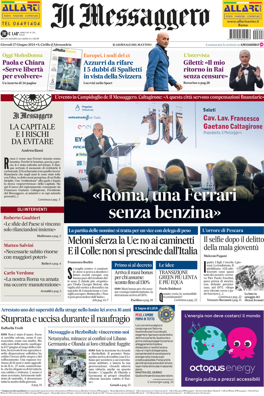 Prima-pagina-il-messaggero-edizione-di-oggi-27-06-2024