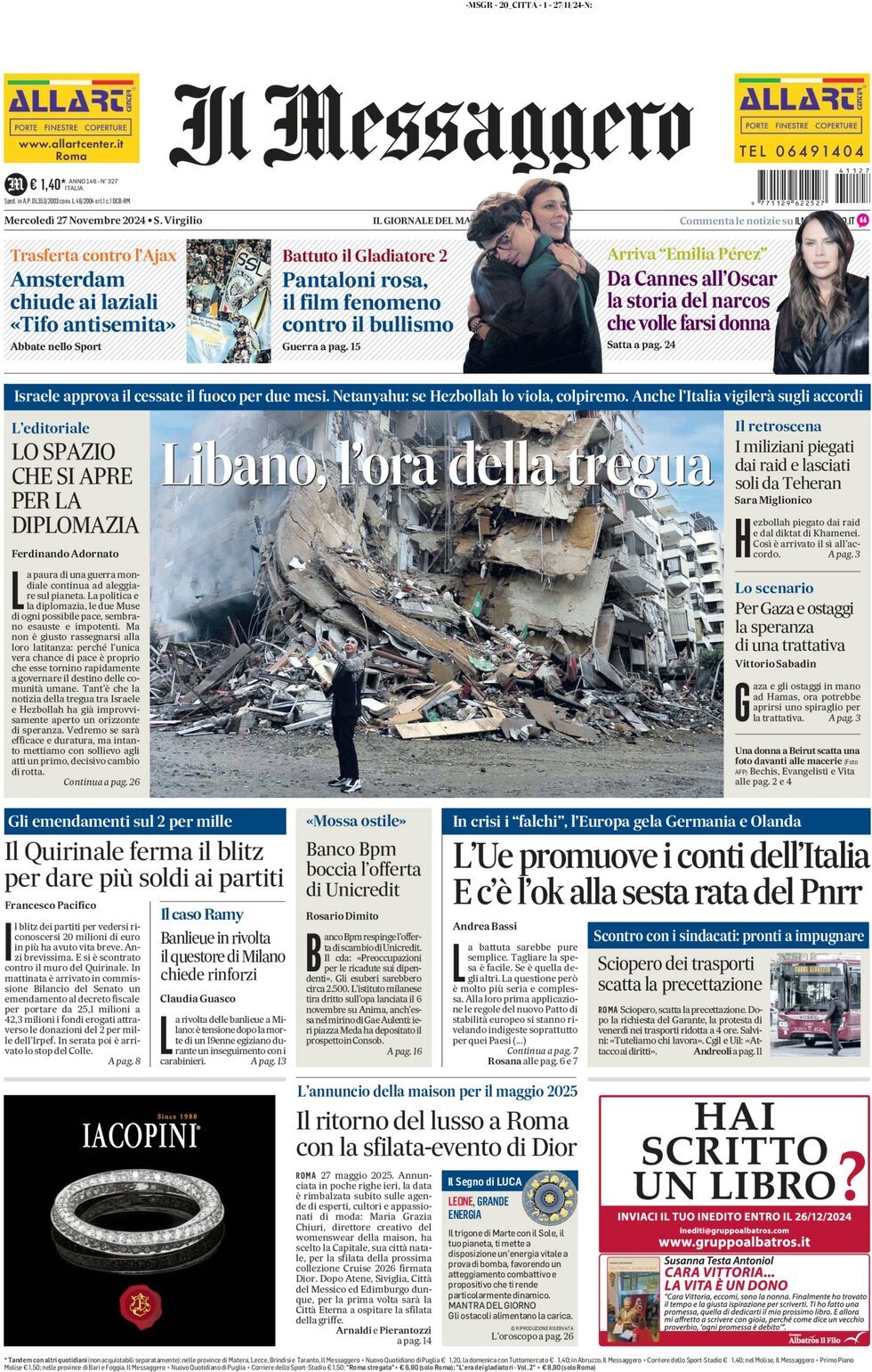 Prima-pagina-il-messaggero-edizione-di-oggi-27-11-2024