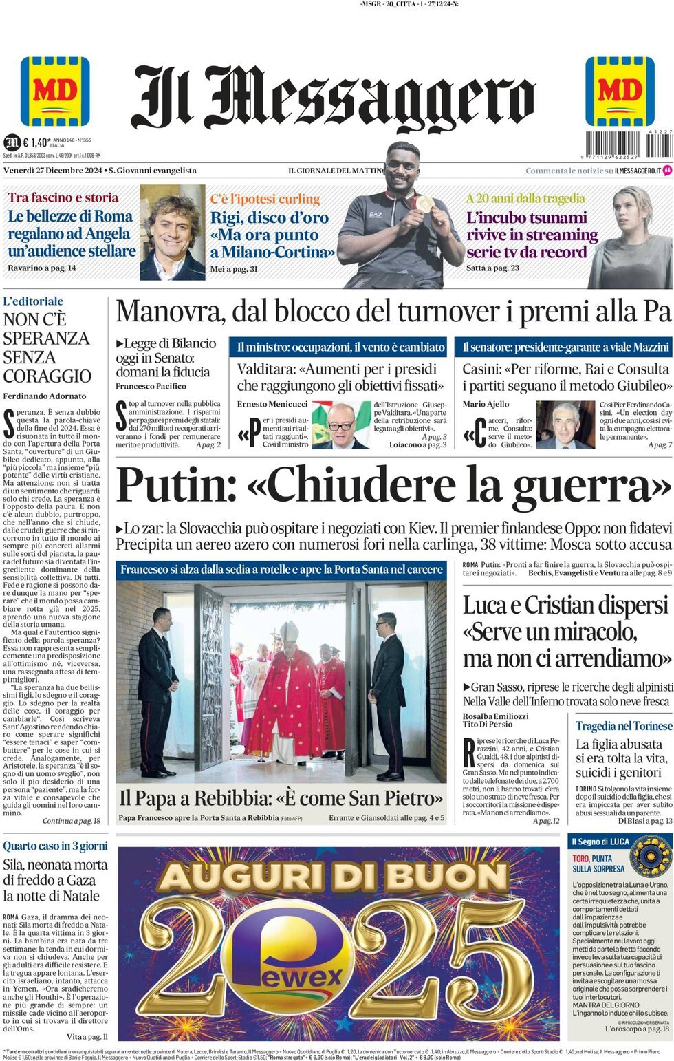 Prima-pagina-il-messaggero-edizione-di-oggi-27-12-2024