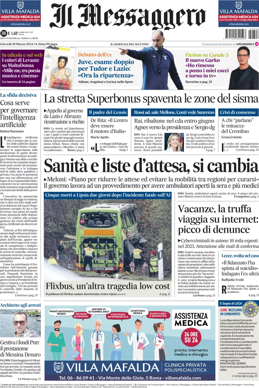 Prima-pagina-il-messaggero-edizione-di-oggi-28-03-2024