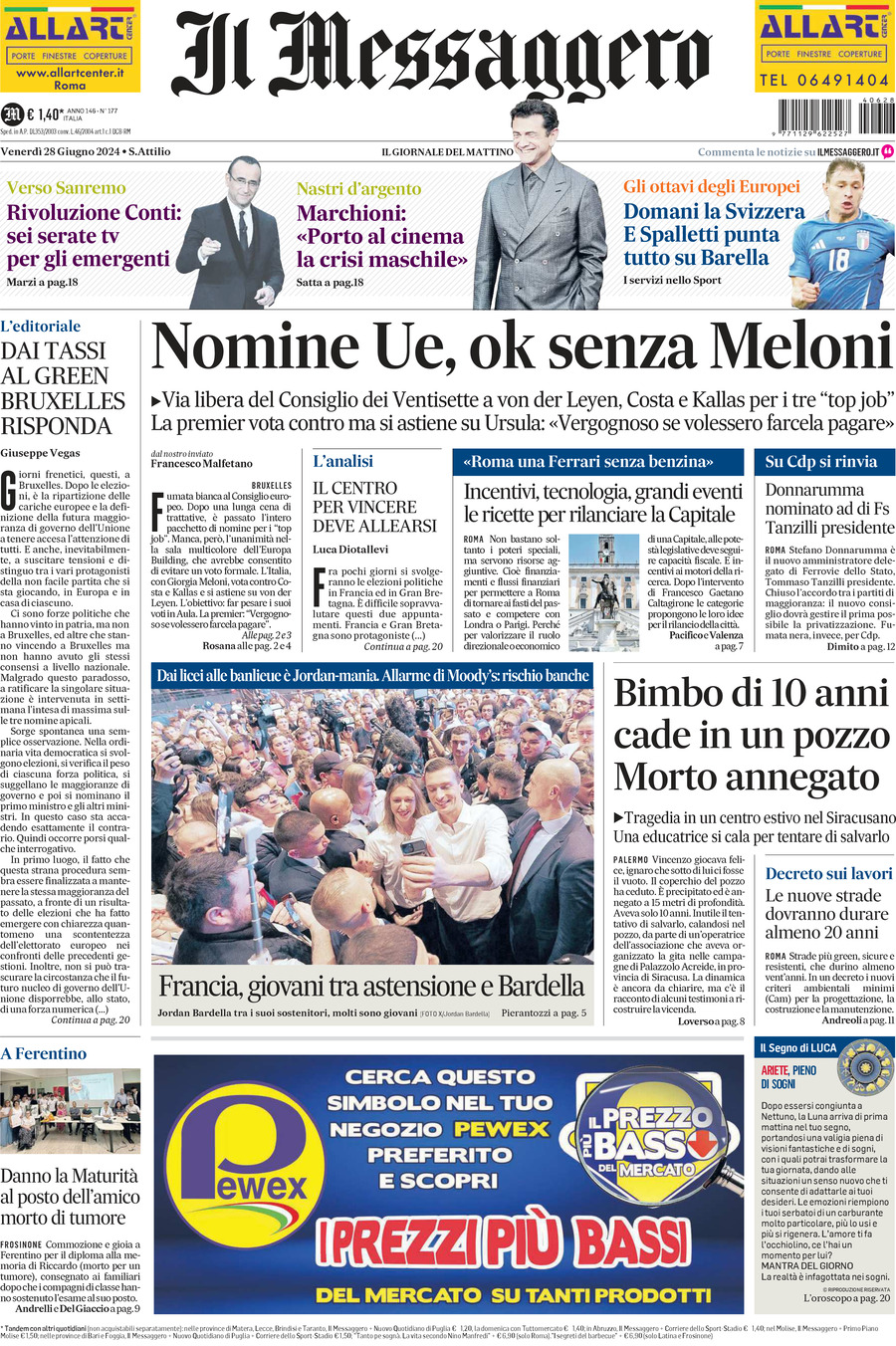 Prima-pagina-il-messaggero-edizione-di-oggi-28-06-2024